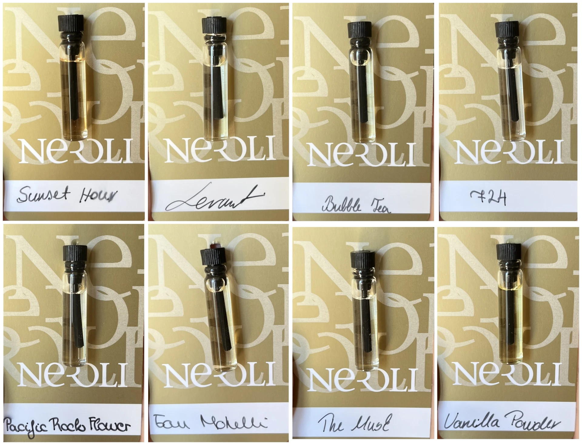 Neroli-s minták - Goldfield & Banks: Sunset Hour, Ormonde Jayne: Levant, D’Annam: Bubble Tea, Maison Francis Kurkdjian: 724, Goldfield & Banks: Pacific Rock Flower, Diptyque: Eau Mohéli, Essential Parfums: The Musc, Matière Première: Vanilla Powder