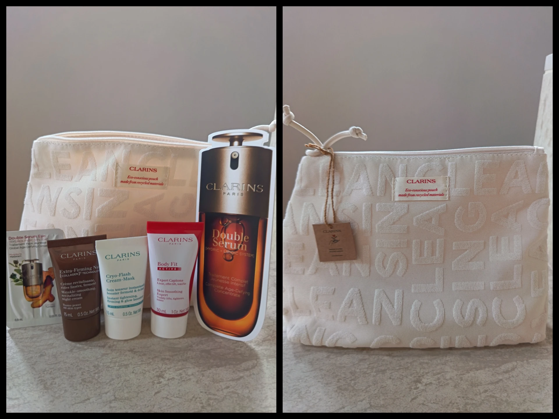 Clarins neszesszer minikkel, mintákkal (drapp)
