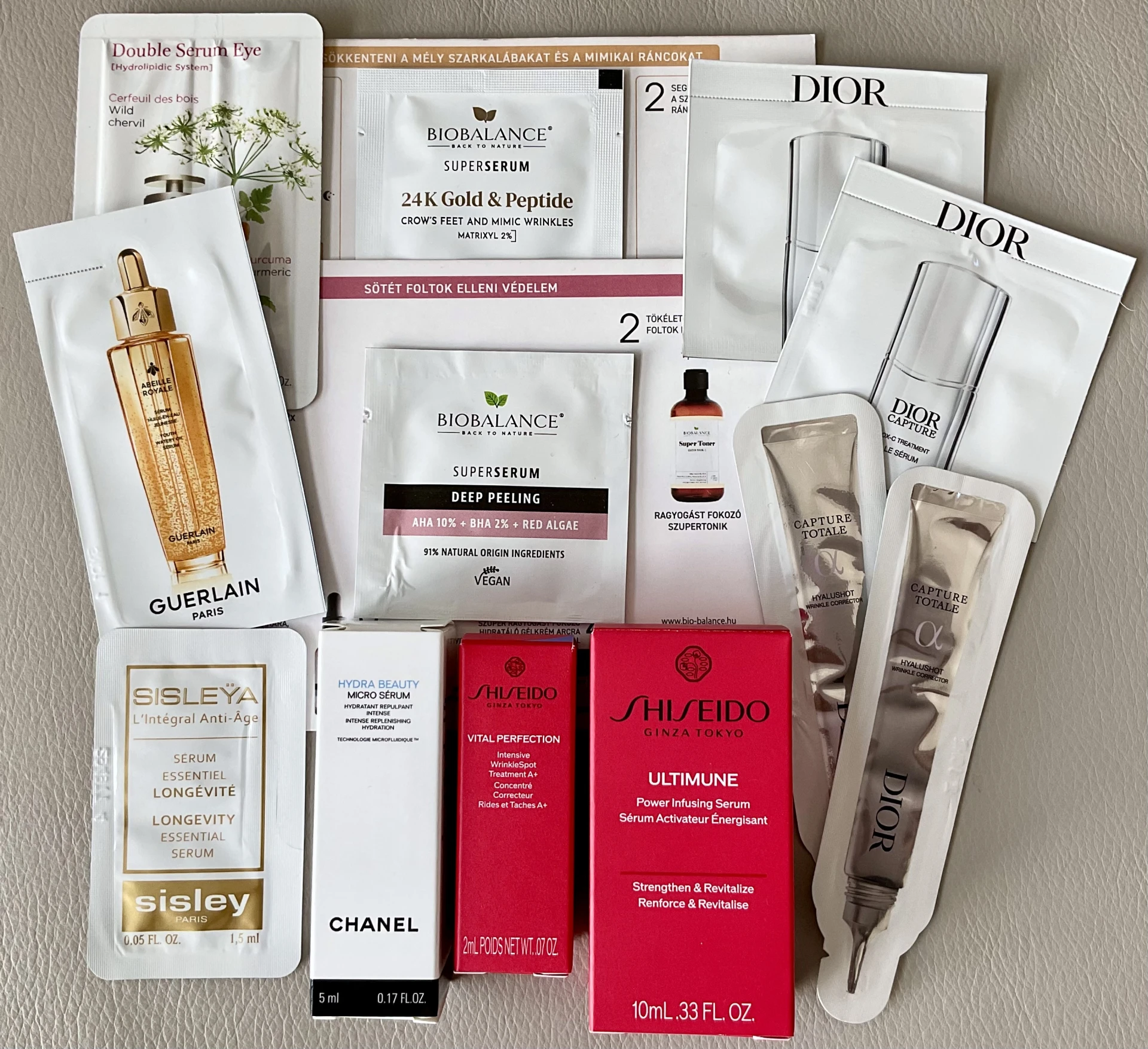 Szérum-csomag (Chanel, Dior, Sisley, Shiseido, Guerlain, Clarins, Biobalance)