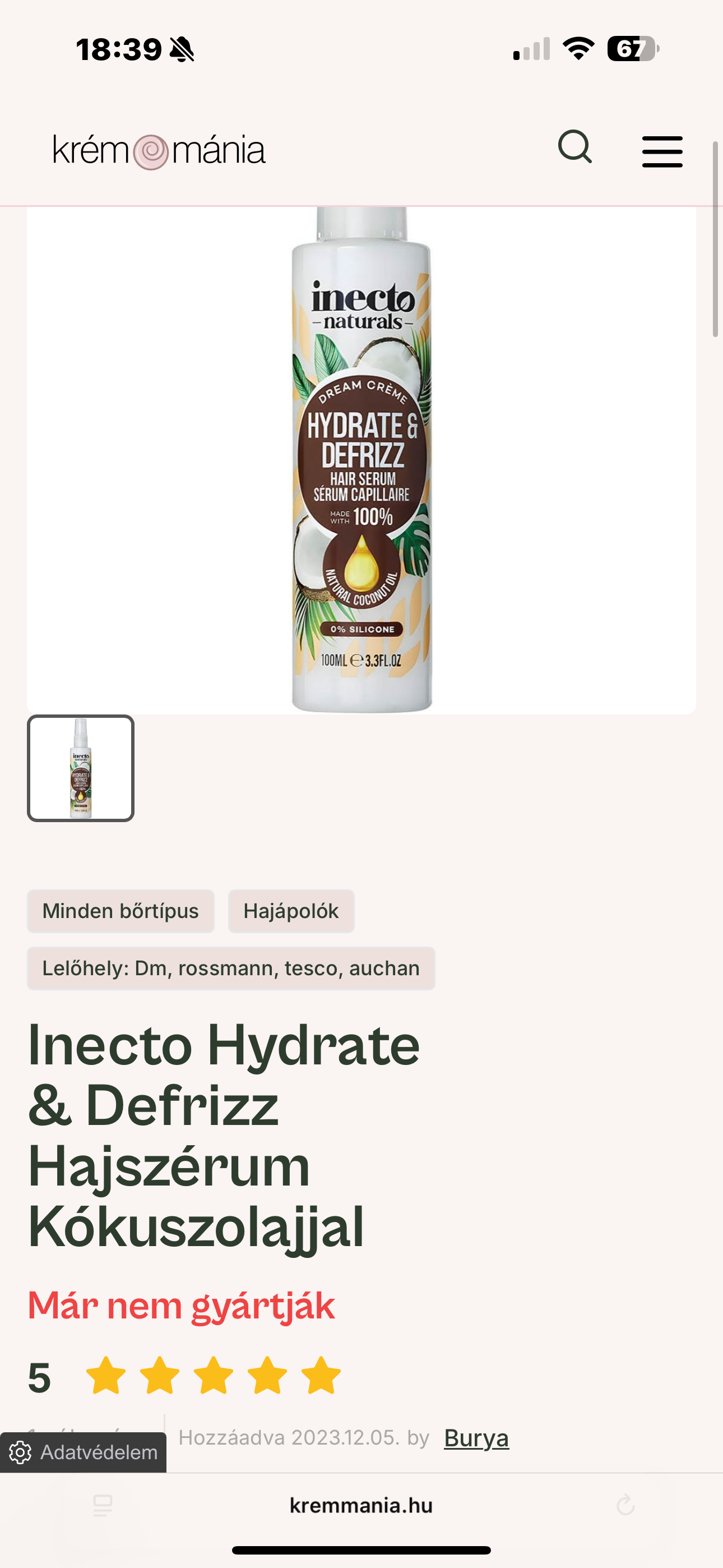 Inecto hydrate defrizz kókuszolaj szérum