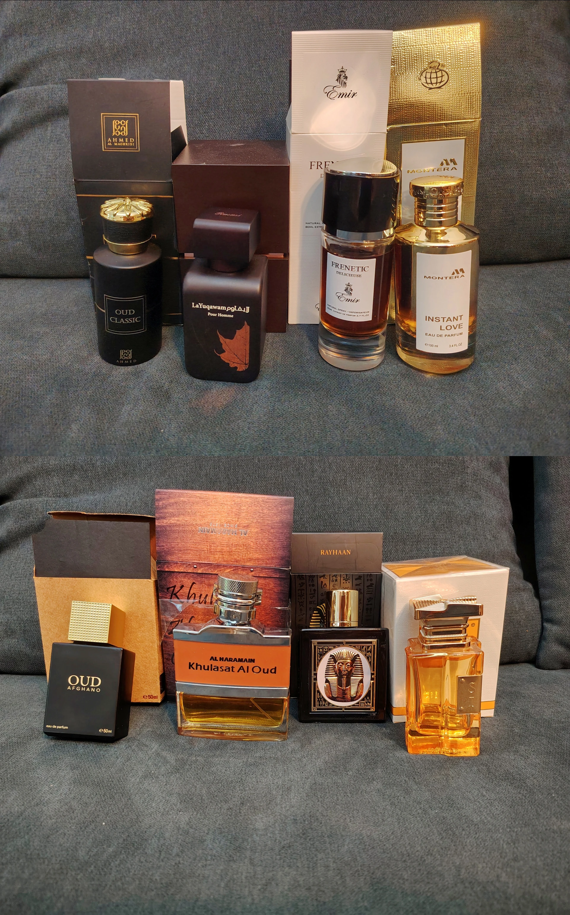 8 parfüm egyben: Fragrance World Soir Montera Instant Love Rayhaan Pharaoh Ahmed Al Maghribi Oud Afghano  Ahmed Al Maghribi Oud Classic Rassasi La YYuqawam Pour Homme Al haramain Khulasat Al Oud Emir Frenetic Delicieuse